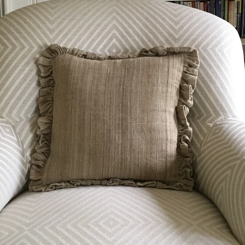 Linen pillow with ruffle burlap/olive color